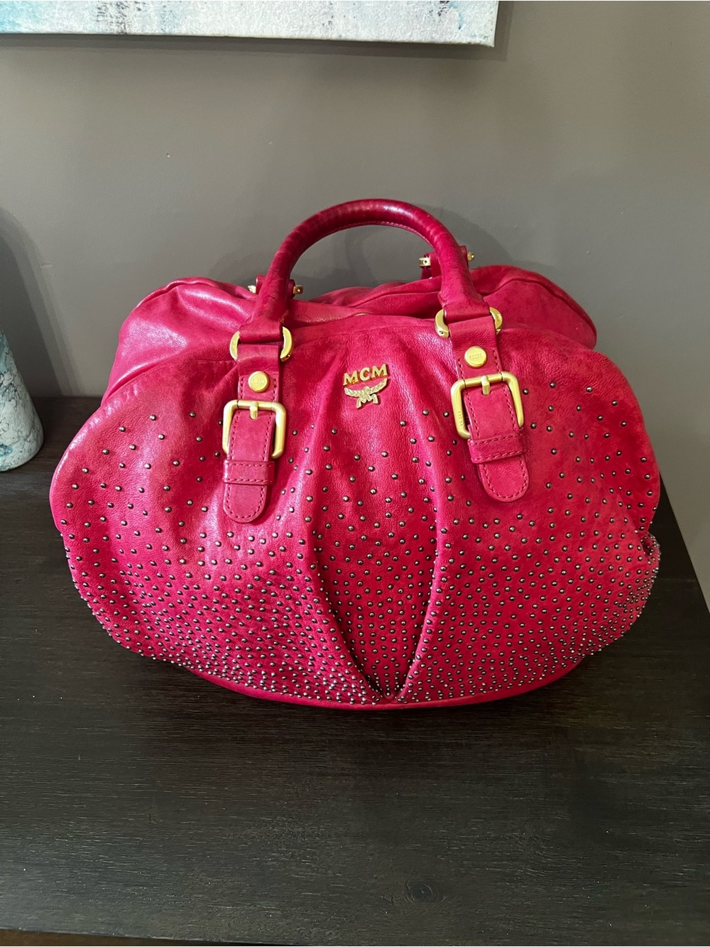 MCM Large Studded Leather Duffle Satchel Bag Fuchsia w Strap & Dust Bag